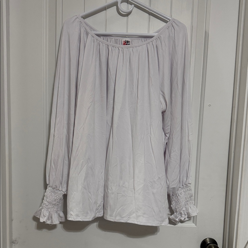 Ripe White Off-Shoulder Peasant Blouse with Smocked Ruffle Cuffs
